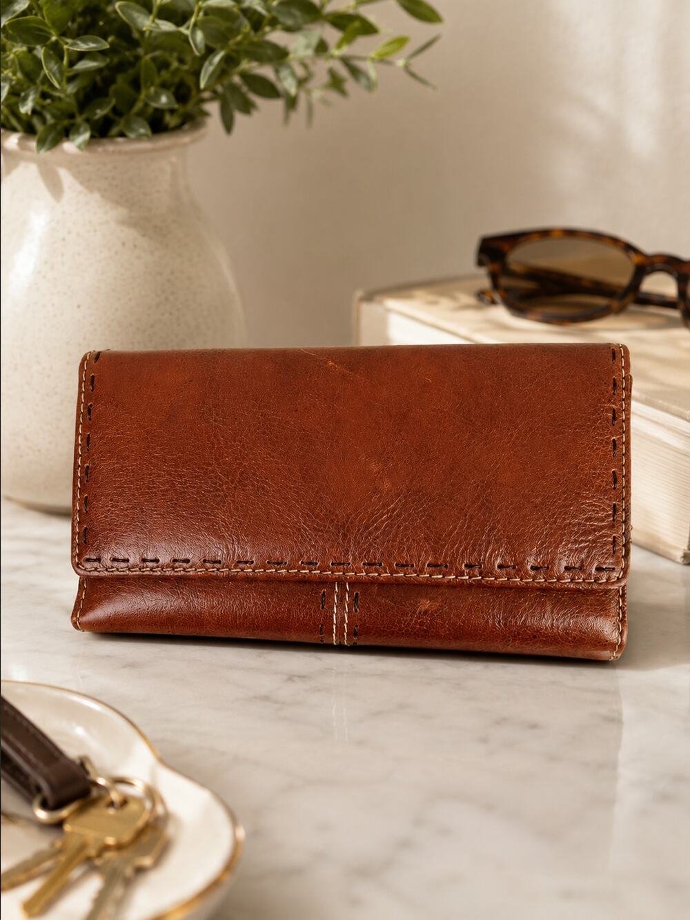 Fossil VTG Leather Checkbook Wallet Organizer Brown Removable Checkbook Cover